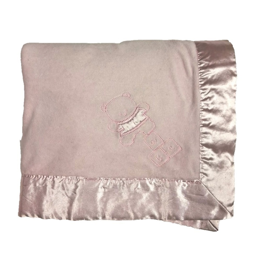 Pink Bear Blocks Baby Blanket Satin Trim The Children's Baby Place 30x30 Girl